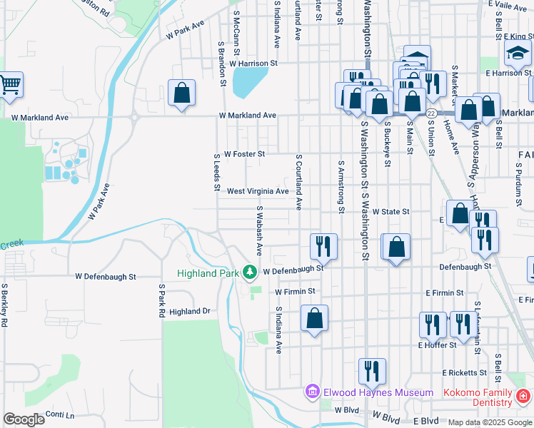 map of restaurants, bars, coffee shops, grocery stores, and more near 626 West Woodland Avenue in Kokomo