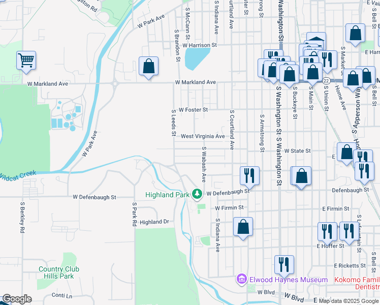 map of restaurants, bars, coffee shops, grocery stores, and more near 910 West Woodland Avenue in Kokomo