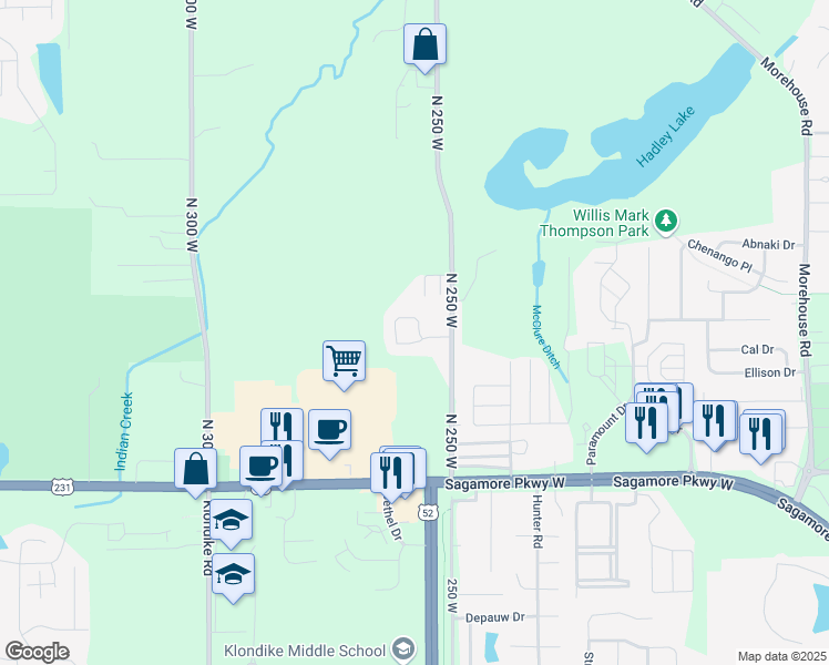 map of restaurants, bars, coffee shops, grocery stores, and more near 2500 Derbyshire Court in West Lafayette