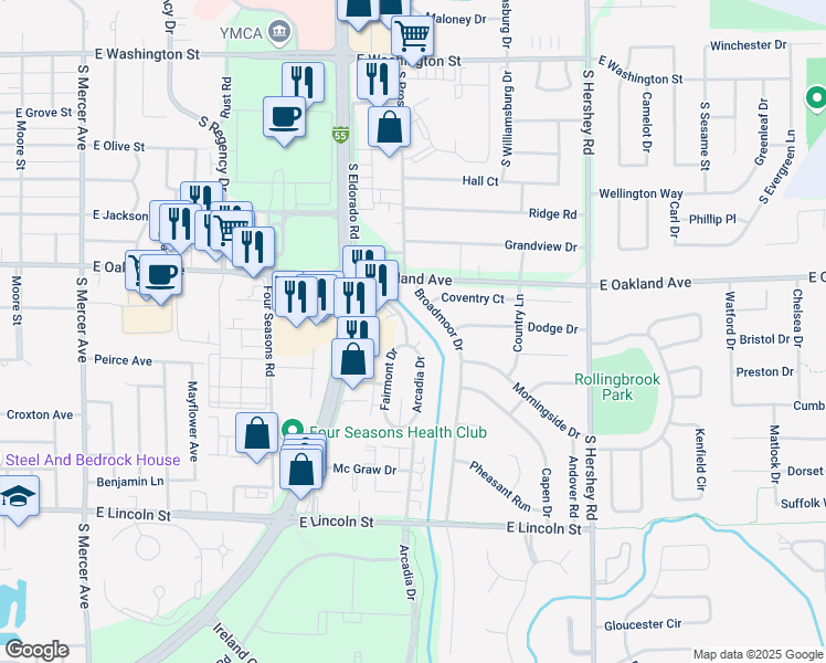 map of restaurants, bars, coffee shops, grocery stores, and more near 701 Arcadia Drive in Bloomington