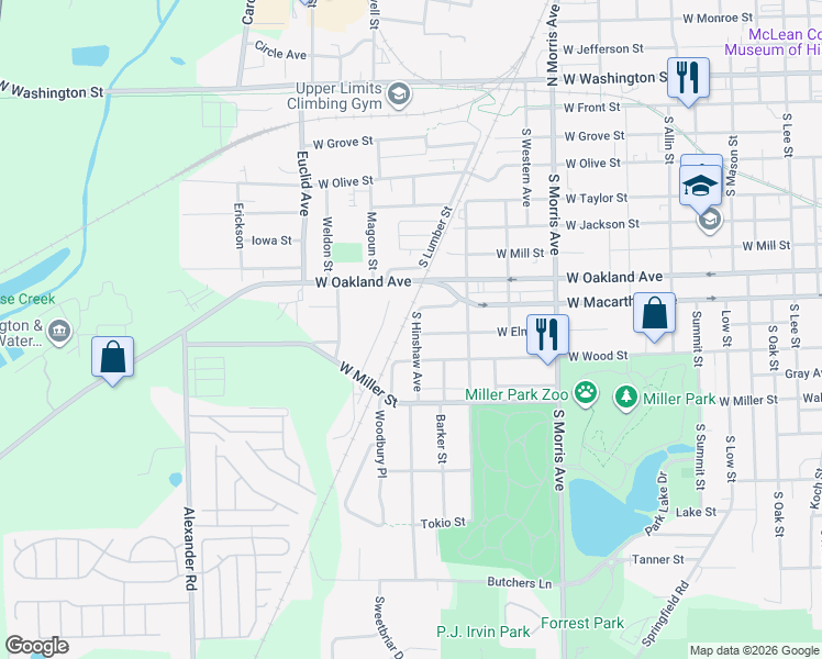 map of restaurants, bars, coffee shops, grocery stores, and more near 1418 West Elm Street in Bloomington
