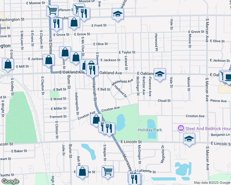 map of restaurants, bars, coffee shops, grocery stores, and more near 305 Meadows Avenue in Bloomington
