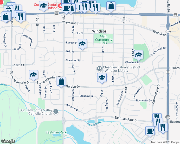 map of restaurants, bars, coffee shops, grocery stores, and more near 810 3rd Street in Windsor