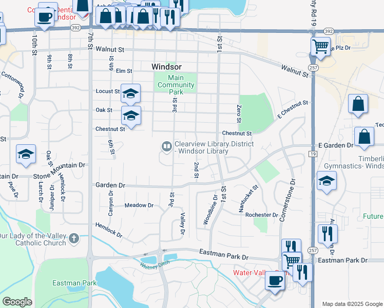 map of restaurants, bars, coffee shops, grocery stores, and more near 718 2nd Street in Windsor