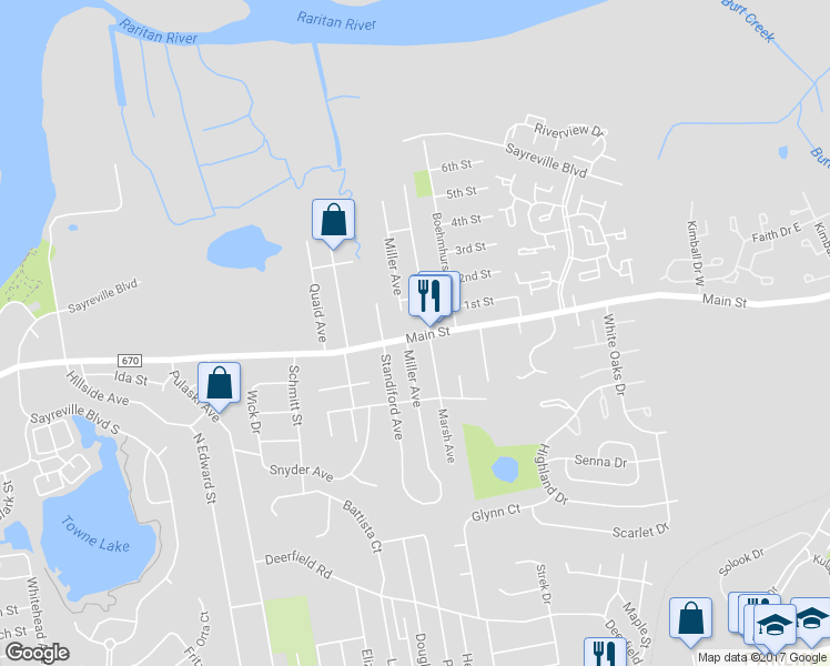 map of restaurants, bars, coffee shops, grocery stores, and more near 555 Main Street in Sayreville