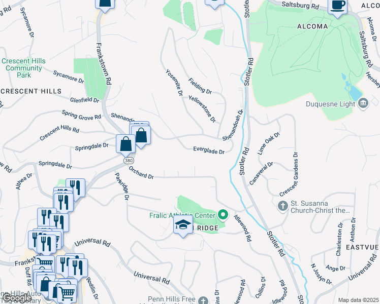 map of restaurants, bars, coffee shops, grocery stores, and more near 226 Everglade Drive in Pittsburgh