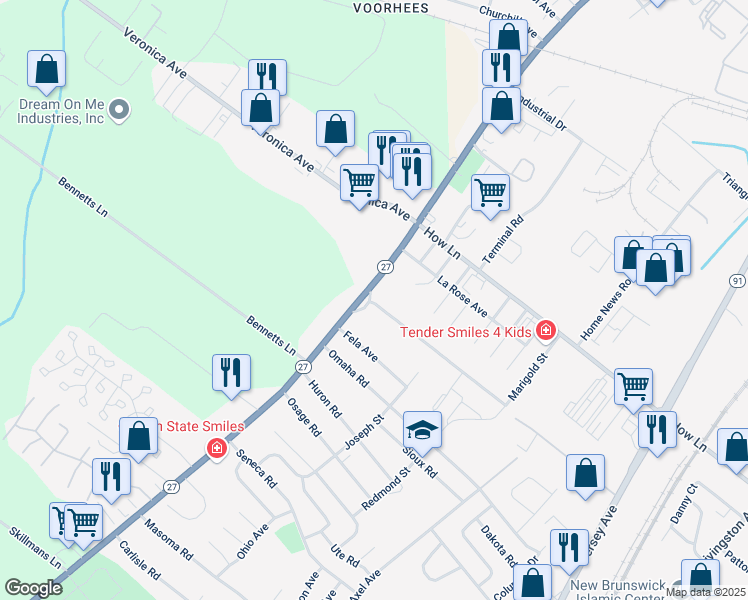 map of restaurants, bars, coffee shops, grocery stores, and more near 1487 Oak Tree Drive in North Brunswick Township