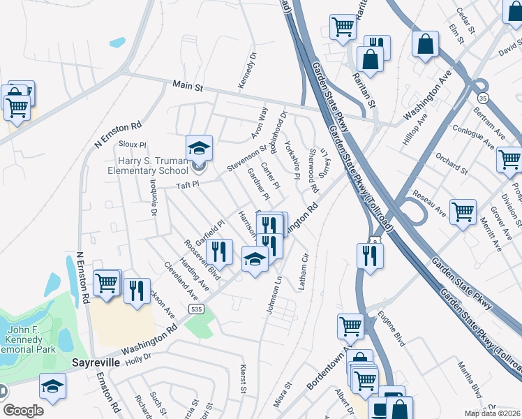 map of restaurants, bars, coffee shops, grocery stores, and more near 19 Robin Place in Sayreville