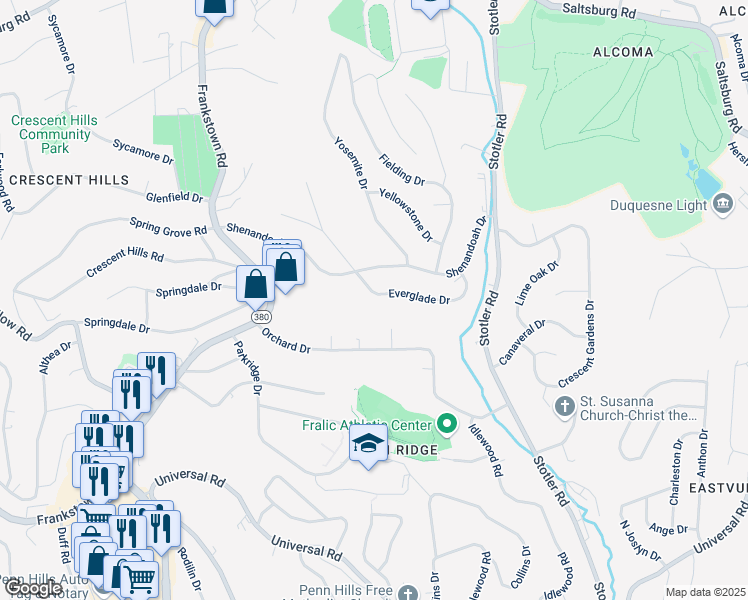 map of restaurants, bars, coffee shops, grocery stores, and more near 226 Everglade Drive in Pittsburgh