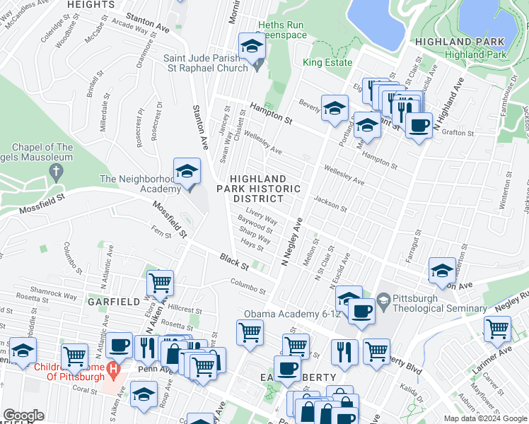 map of restaurants, bars, coffee shops, grocery stores, and more near 5506 Stanton Avenue in Pittsburgh