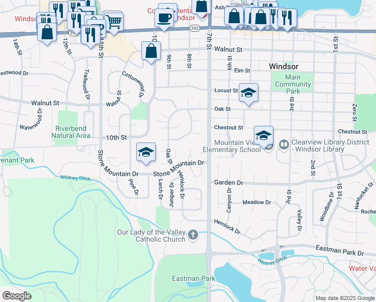 map of restaurants, bars, coffee shops, grocery stores, and more near 810 Stone Mountain Drive in Windsor