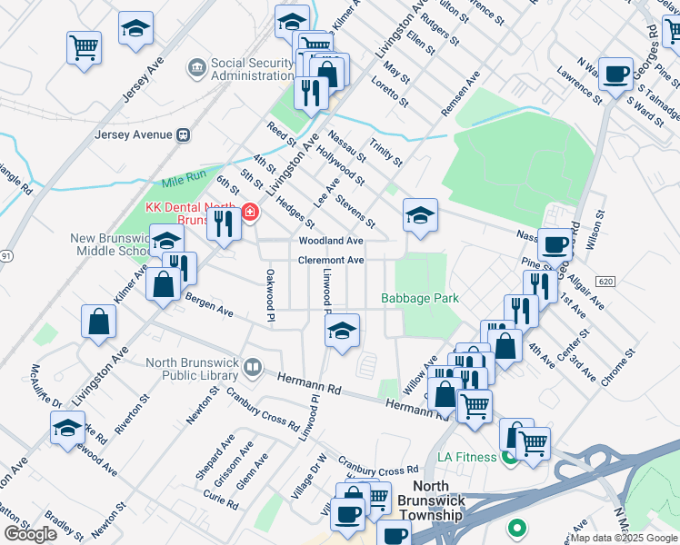 map of restaurants, bars, coffee shops, grocery stores, and more near 10 Ashwood Place in North Brunswick Township