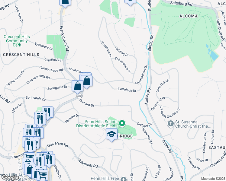 map of restaurants, bars, coffee shops, grocery stores, and more near 226 Everglade Drive in Pittsburgh