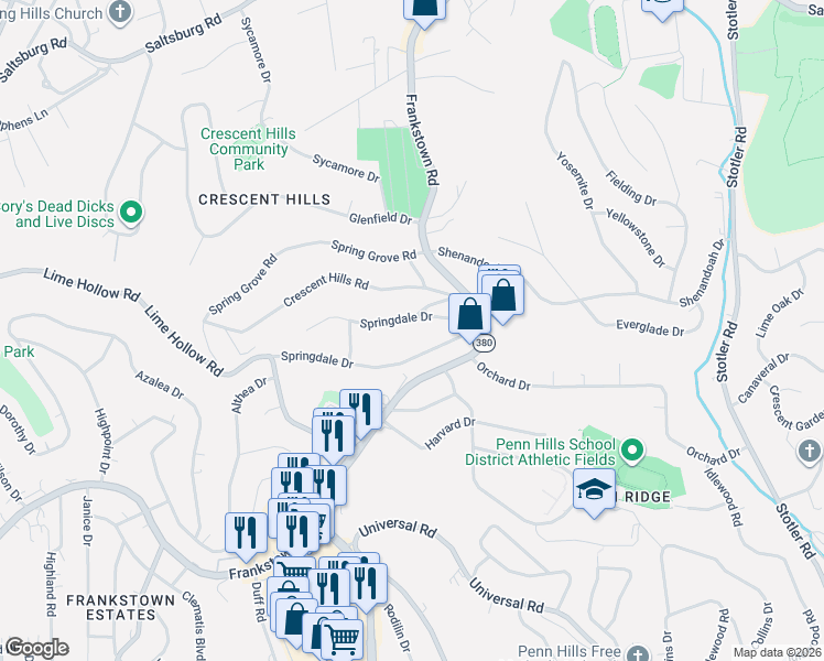 map of restaurants, bars, coffee shops, grocery stores, and more near 515 Springdale Drive in Pittsburgh