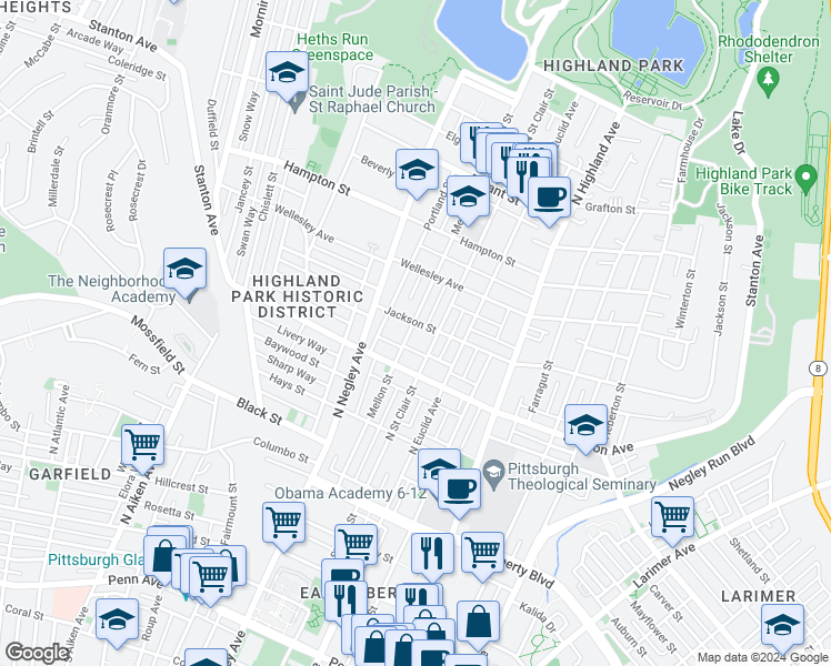 map of restaurants, bars, coffee shops, grocery stores, and more near 814 Mellon Street in Pittsburgh