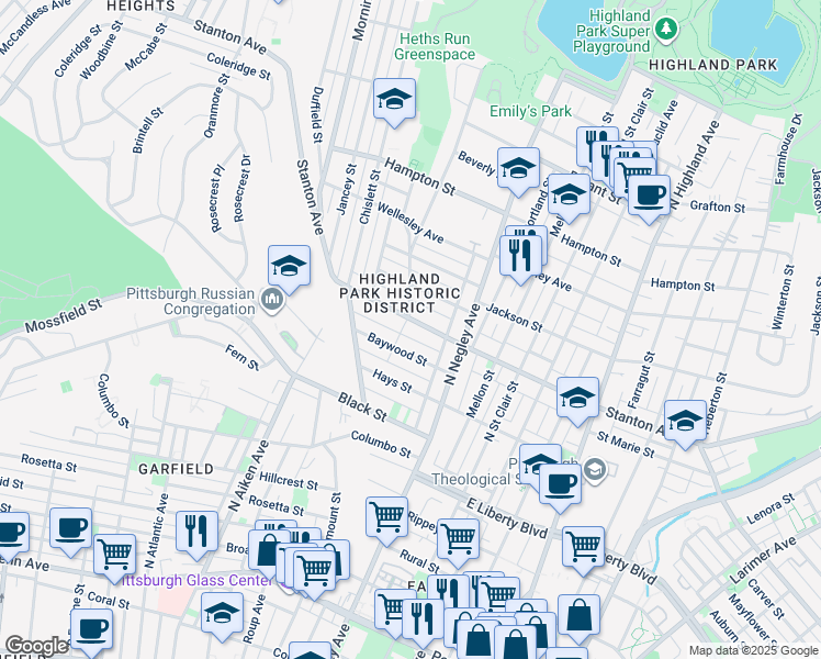 map of restaurants, bars, coffee shops, grocery stores, and more near 5443 Baywood Street in Pittsburgh