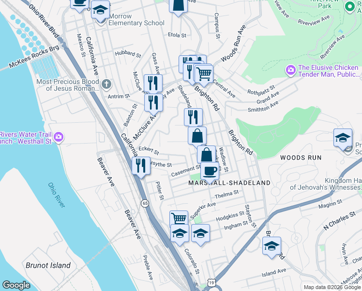 map of restaurants, bars, coffee shops, grocery stores, and more near 1400 Eckert Street in Pittsburgh