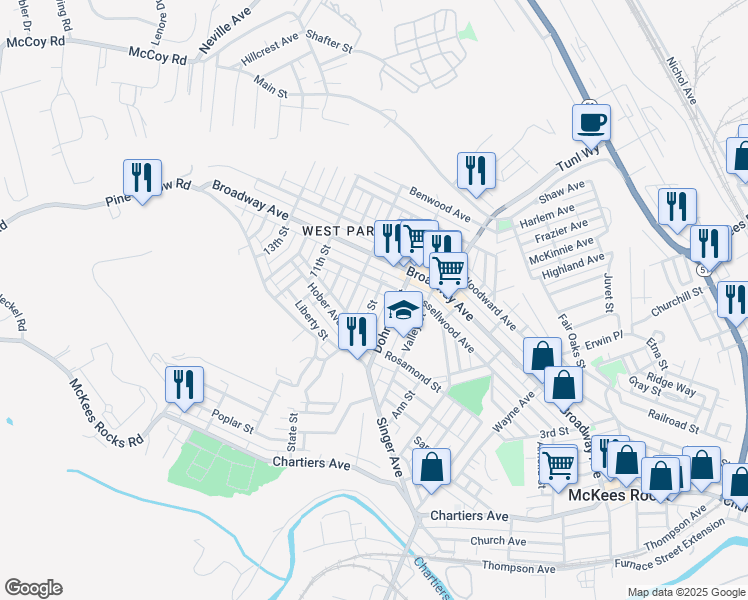 map of restaurants, bars, coffee shops, grocery stores, and more near 1138a Dohrman Street in McKees Rocks