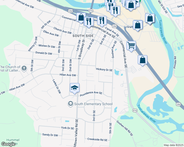 map of restaurants, bars, coffee shops, grocery stores, and more near 1081 Jefferson Street Southeast in New Philadelphia