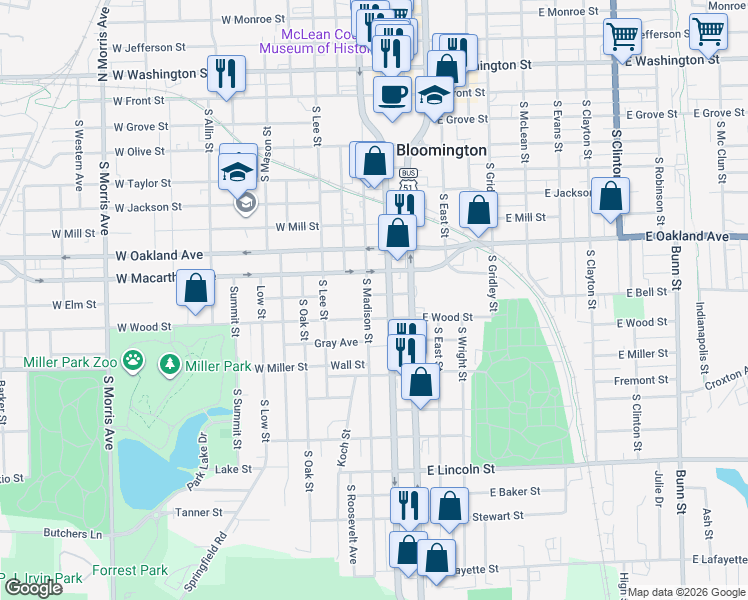map of restaurants, bars, coffee shops, grocery stores, and more near 802 South Madison Street in Bloomington