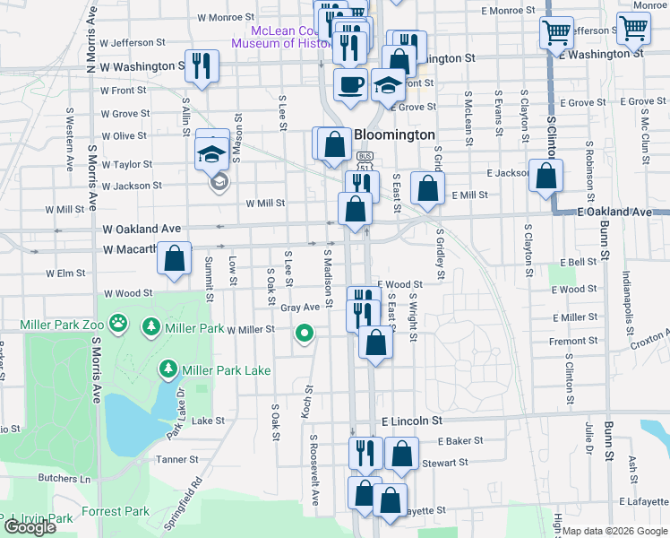 map of restaurants, bars, coffee shops, grocery stores, and more near 207 West Wood Street in Bloomington