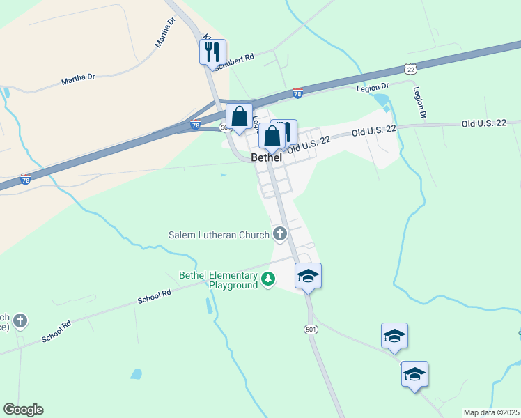 map of restaurants, bars, coffee shops, grocery stores, and more near 110 School Road in Womelsdorf