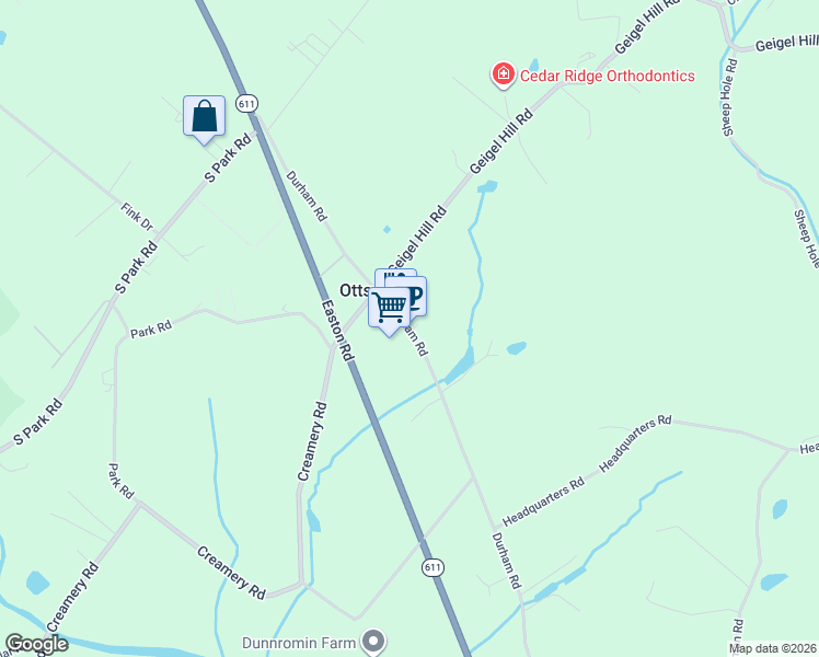 map of restaurants, bars, coffee shops, grocery stores, and more near 239 Durham Road in Ottsville
