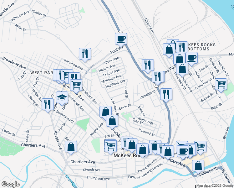 map of restaurants, bars, coffee shops, grocery stores, and more near 68 Palace Avenue in McKees Rocks