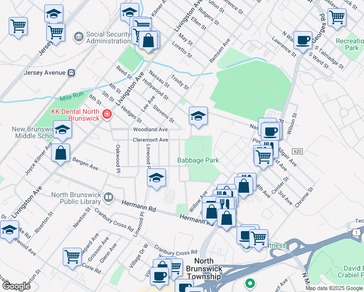 map of restaurants, bars, coffee shops, grocery stores, and more near 654 Edgewood Place in North Brunswick Township