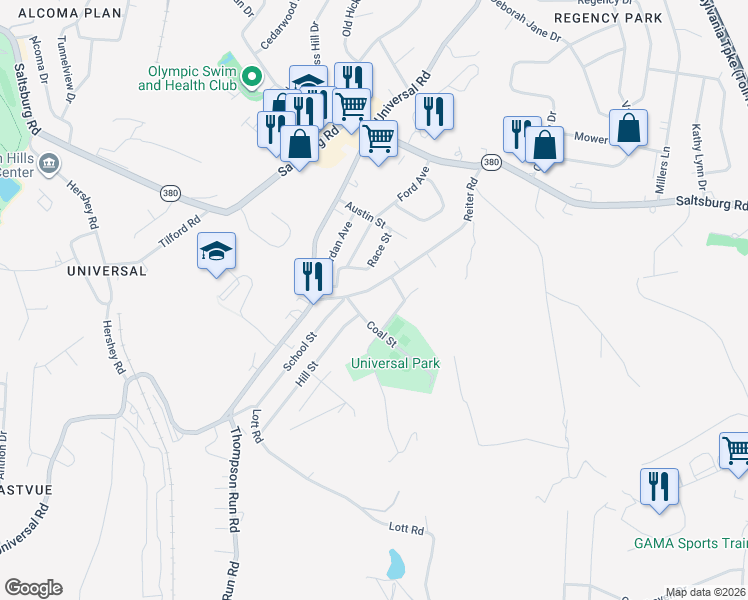 map of restaurants, bars, coffee shops, grocery stores, and more near 133 Coal Street in Pittsburgh
