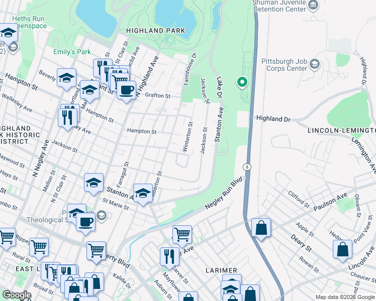 map of restaurants, bars, coffee shops, grocery stores, and more near in Pittsburgh