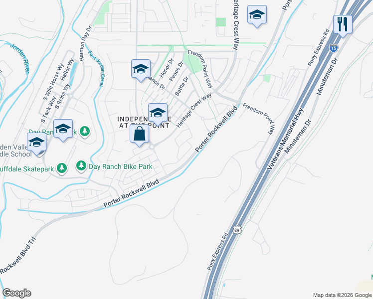 map of restaurants, bars, coffee shops, grocery stores, and more near 15412 Tarawa Drive in Bluffdale