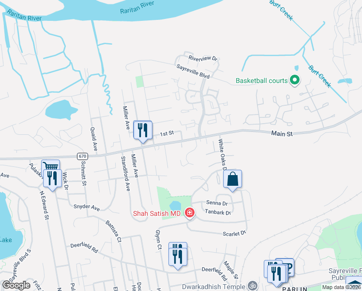map of restaurants, bars, coffee shops, grocery stores, and more near 606 Main Street in Sayreville