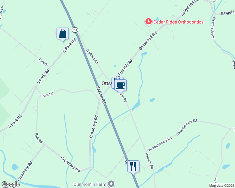 map of restaurants, bars, coffee shops, grocery stores, and more near 239 Durham Road in Ottsville