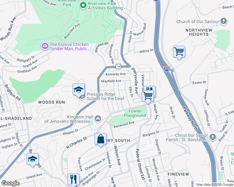 map of restaurants, bars, coffee shops, grocery stores, and more near 2636 Norwood Avenue in Pittsburgh
