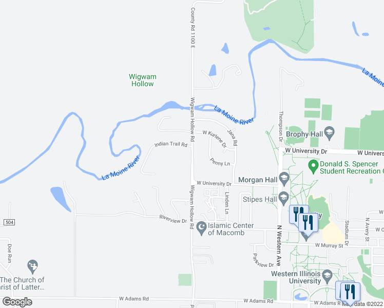 map of restaurants, bars, coffee shops, grocery stores, and more near Wigwam Hollow Road in Macomb