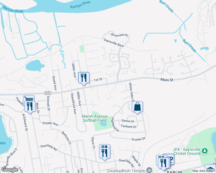 map of restaurants, bars, coffee shops, grocery stores, and more near 12 Van Loan Avenue in Sayreville