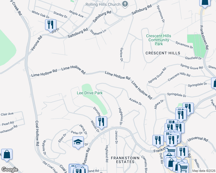 map of restaurants, bars, coffee shops, grocery stores, and more near 10920 Highpoint Drive in Penn Hills