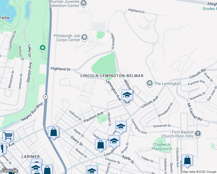 map of restaurants, bars, coffee shops, grocery stores, and more near 1306 Chaney Court in Pittsburgh