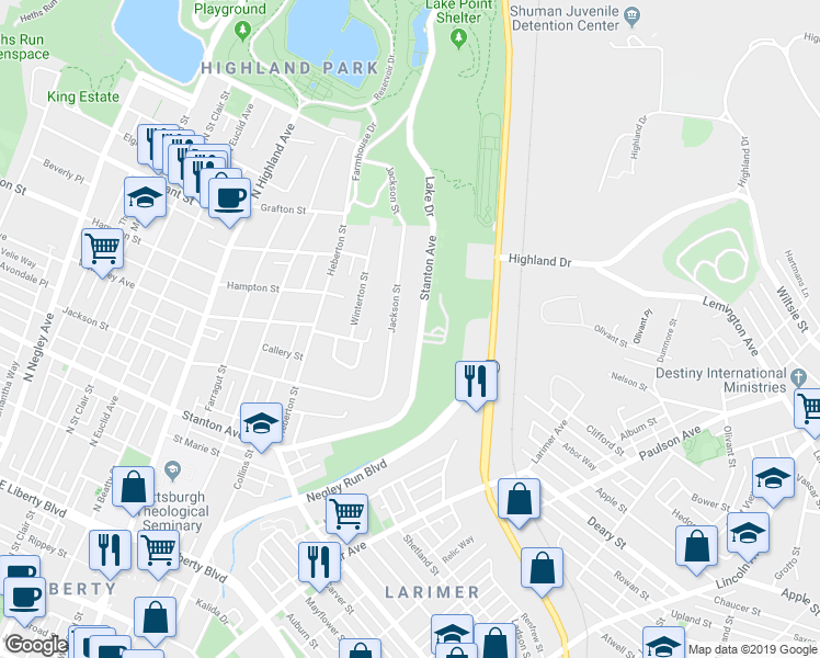 map of restaurants, bars, coffee shops, grocery stores, and more near 6520 Stanton Avenue in Pittsburgh