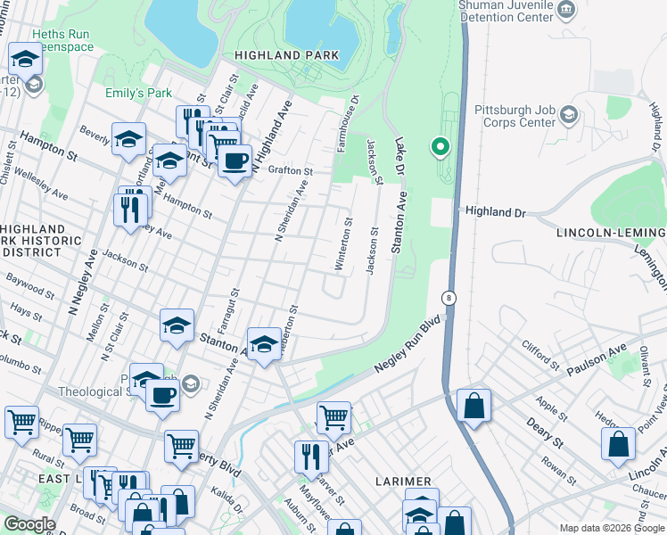 map of restaurants, bars, coffee shops, grocery stores, and more near in Pittsburgh