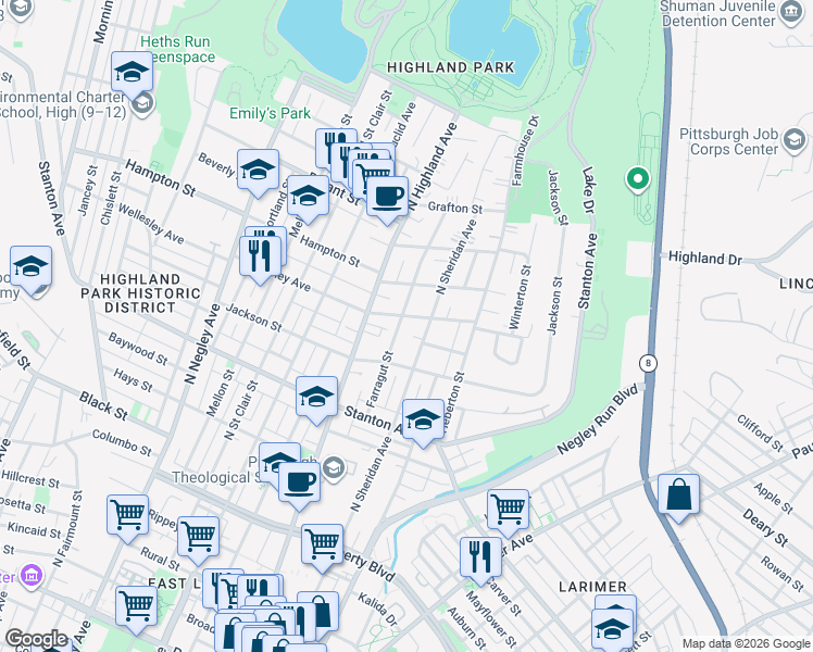 map of restaurants, bars, coffee shops, grocery stores, and more near 916 Farragut Street in Pittsburgh