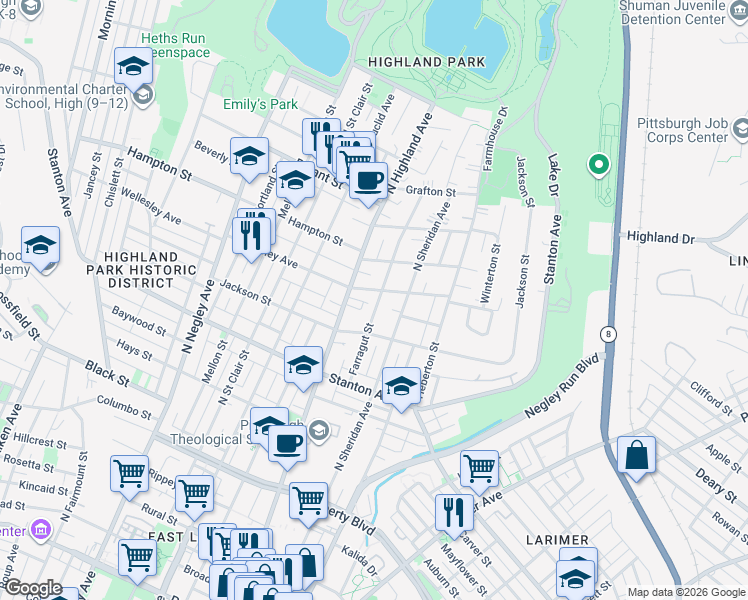 map of restaurants, bars, coffee shops, grocery stores, and more near 916 Farragut Street in Pittsburgh
