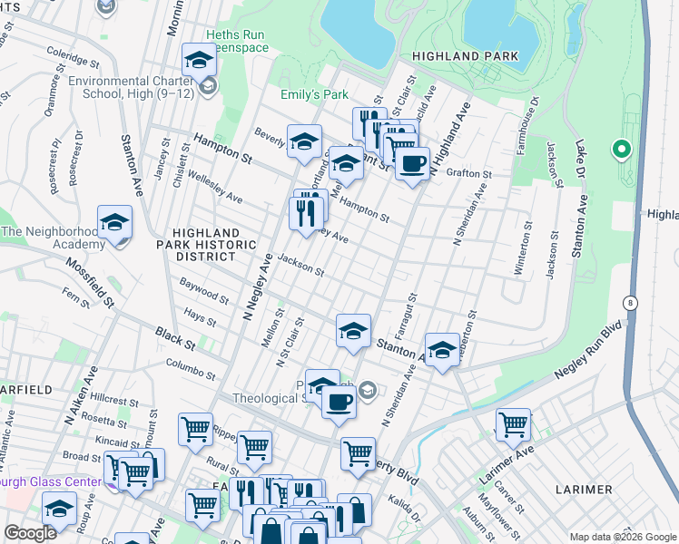 map of restaurants, bars, coffee shops, grocery stores, and more near 838 North Saint Clair Street in Pittsburgh