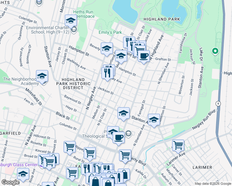 map of restaurants, bars, coffee shops, grocery stores, and more near 838 North Saint Clair Street in Pittsburgh