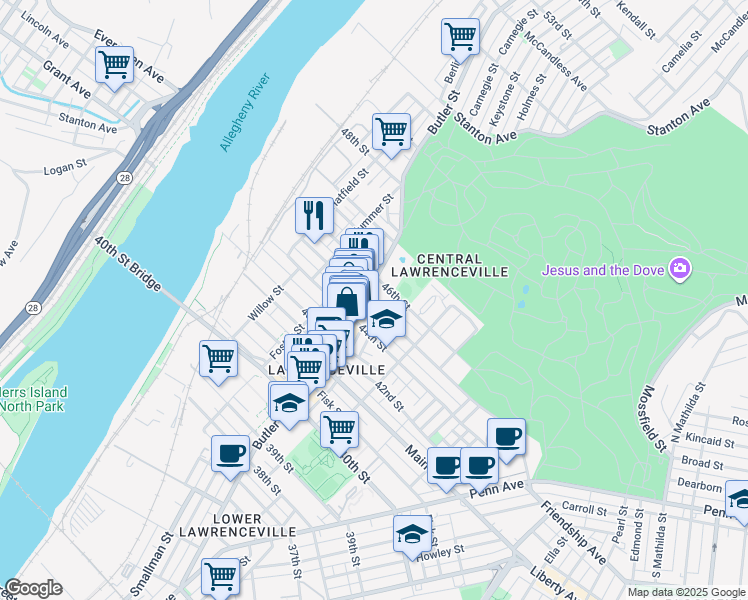 map of restaurants, bars, coffee shops, grocery stores, and more near 4406 1/2 Cessna Way in Pittsburgh