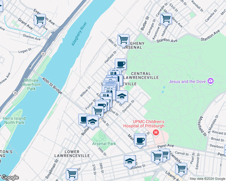 map of restaurants, bars, coffee shops, grocery stores, and more near 4406 1/2 Cessna Way in Pittsburgh