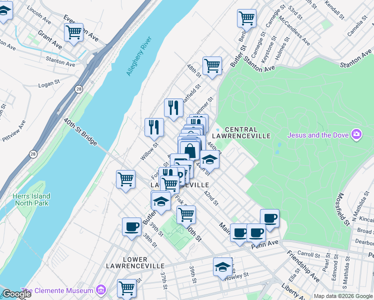 map of restaurants, bars, coffee shops, grocery stores, and more near 190 43rd 1/2 Street in Pittsburgh