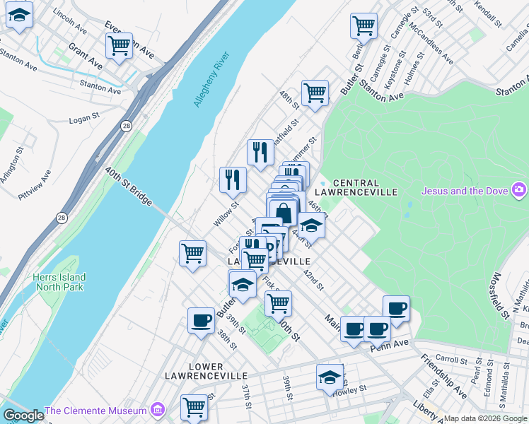 map of restaurants, bars, coffee shops, grocery stores, and more near 190 43rd 1/2 Street in Pittsburgh