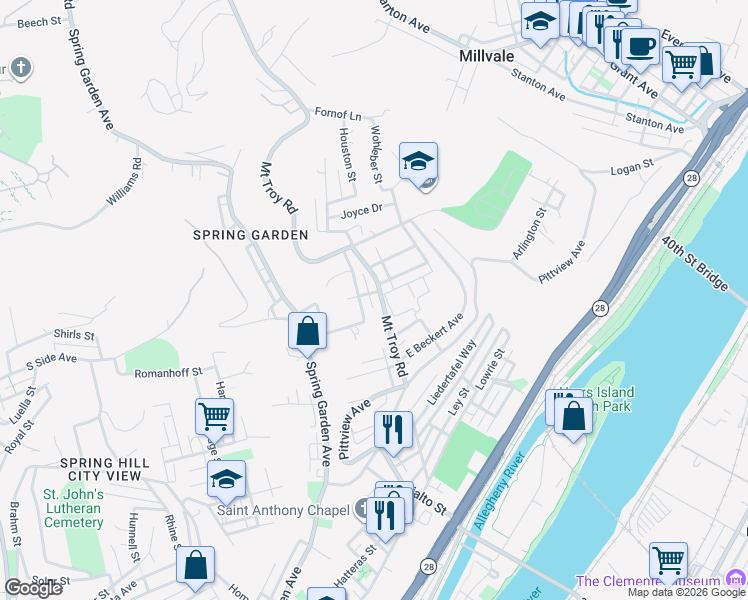 map of restaurants, bars, coffee shops, grocery stores, and more near 2213 Mount Troy Road in Pittsburgh